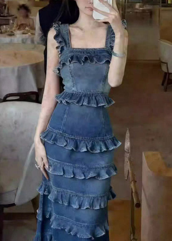Handmade Denim Blue Ruffled Patchwork Long Spaghetti Strap Dress Summer