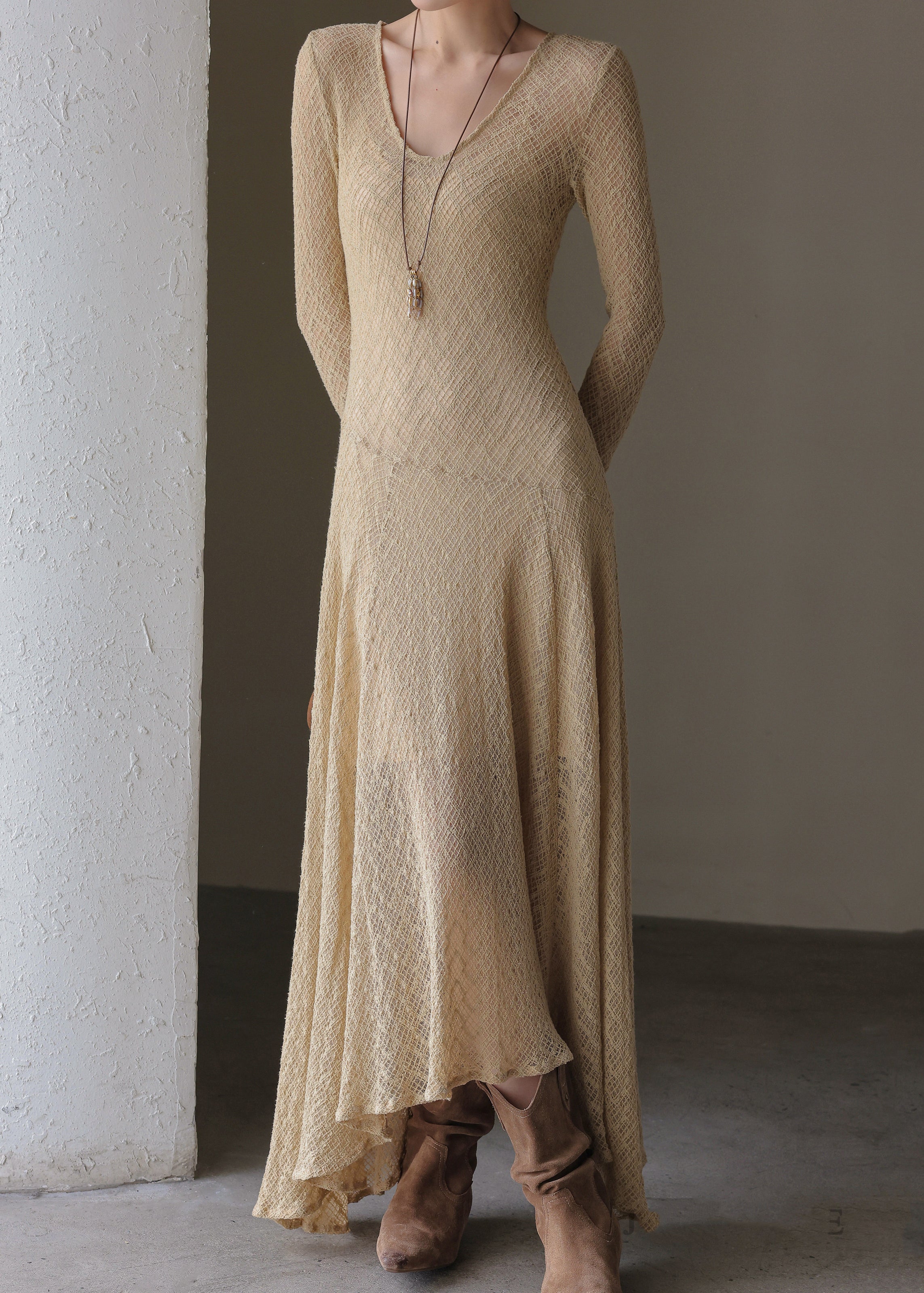 Handmade Khaki U Neck Solid Maxi Dress Spring