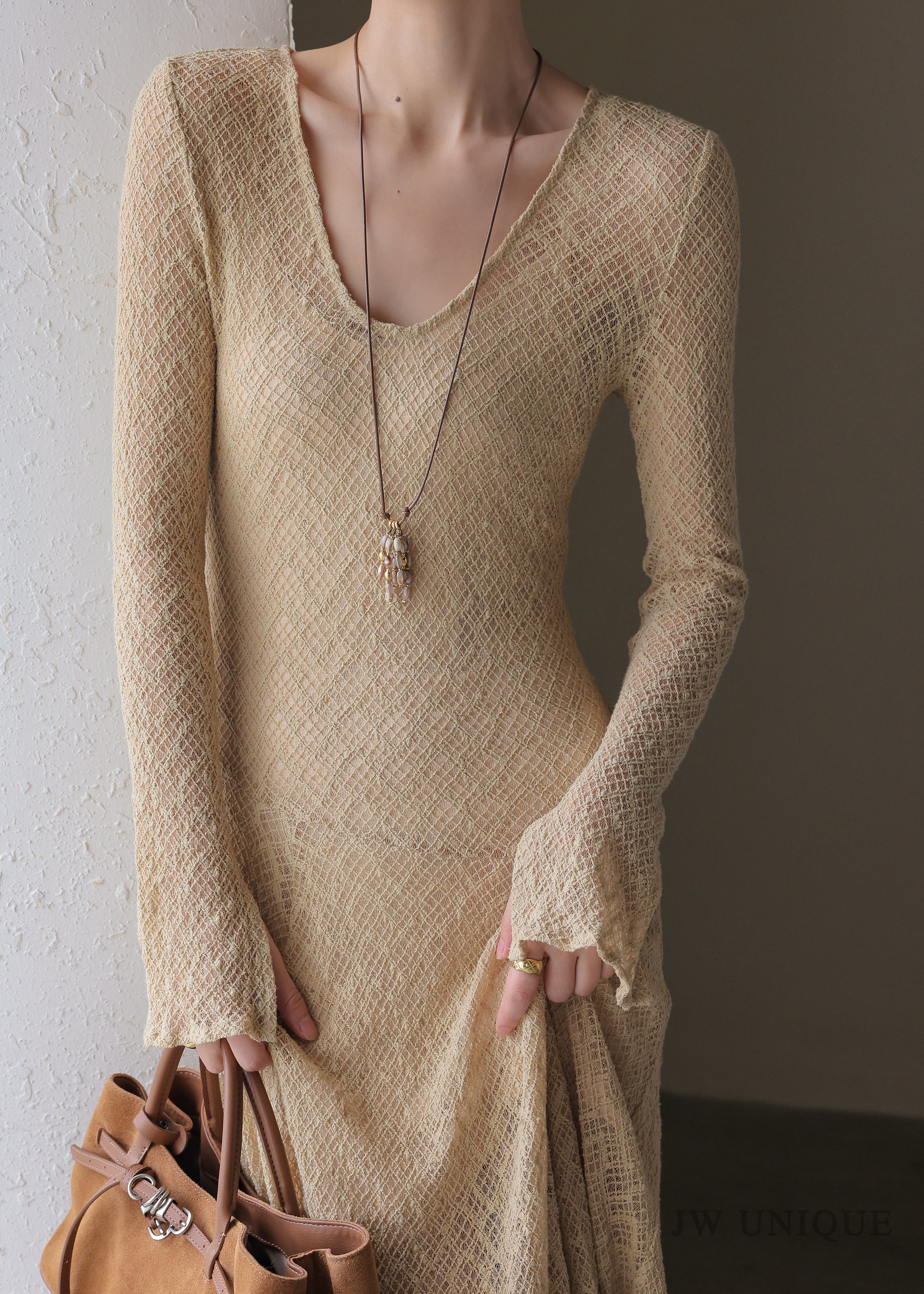 Handmade Khaki U Neck Solid Maxi Dress Spring