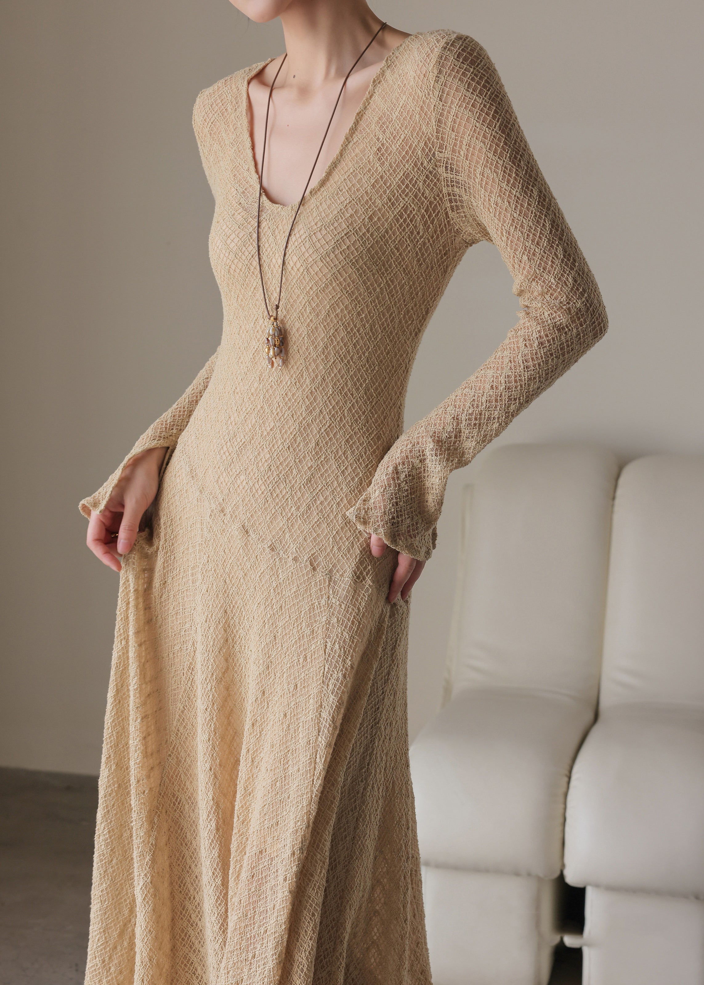Handmade Khaki U Neck Solid Maxi Dress Spring