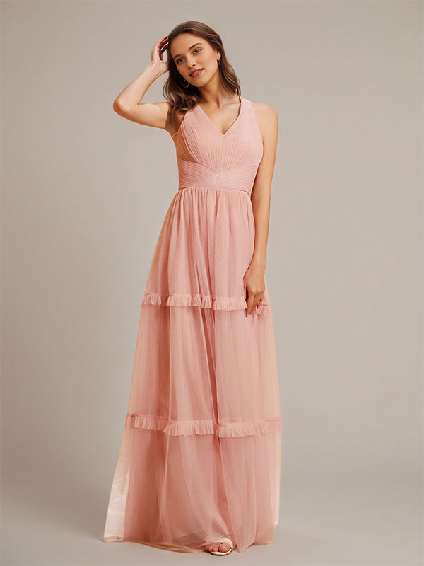 Dusty Rose V Neck Pleated Ruffle Floor-Length Tulle Bridesmaid Dress