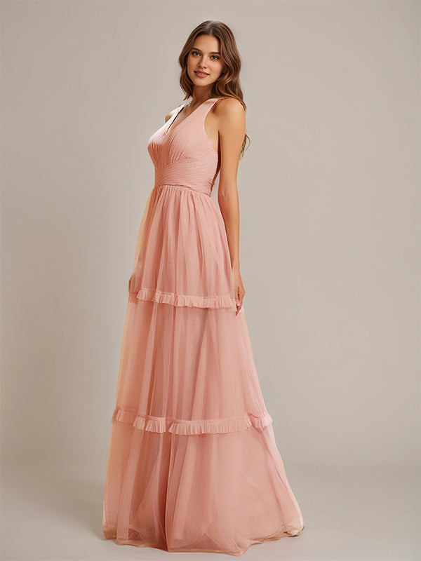 Dusty Rose V Neck Pleated Ruffle Floor-Length Tulle Bridesmaid Dress