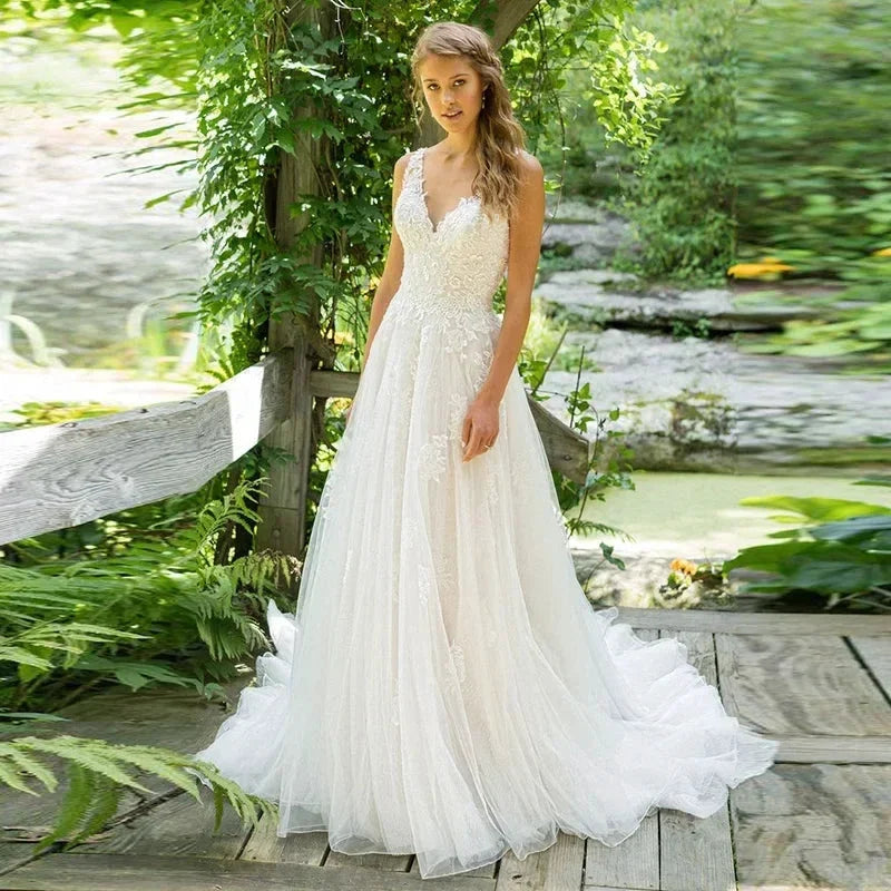 Haute Couture Elegant White Tulle Backless Spaghetti Strap Sweep Train V-Neck Backless A-LINE Embroidery Wedding Dress by payinti
