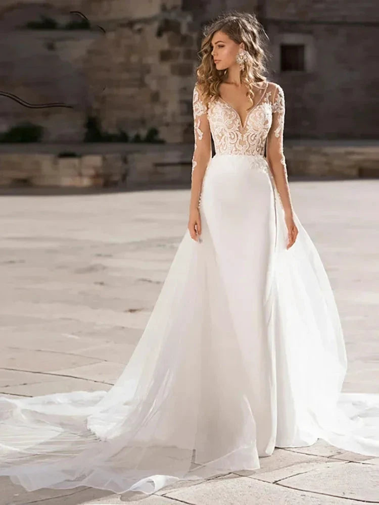 Haute Couture Luxury Elegant White Satin Long Sleeve Backless Sweep Train Deep V-Neck Mermaid Backless Embroidery Wedding Dress by payinti