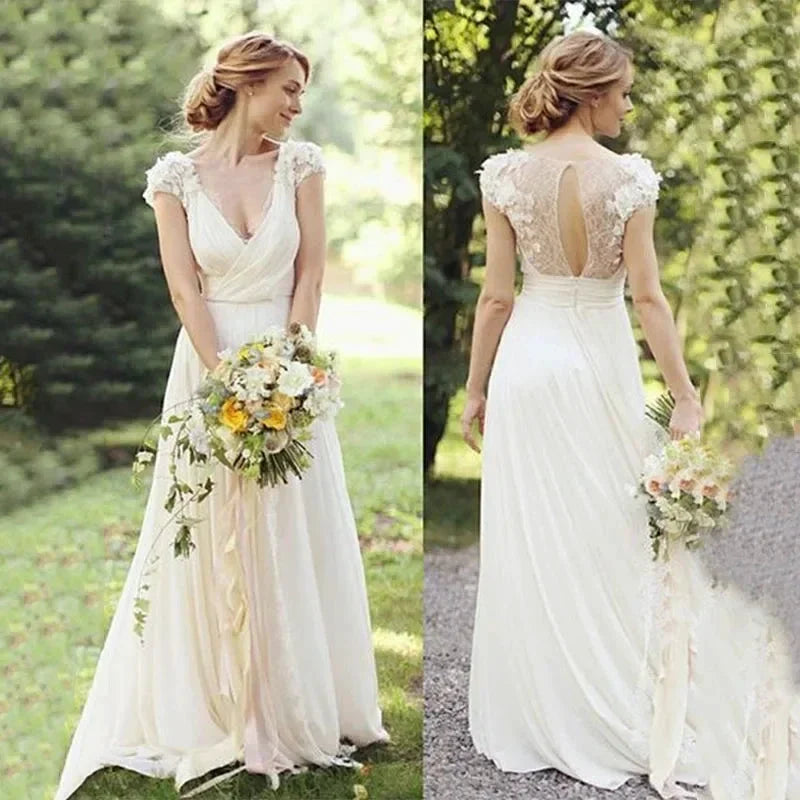 Haute Couture White 3D Appliques Bride Dress Deep V-Neck Backless Satin Sweep Train A-LINE Bespoke Wedding Dress (ZD14201)