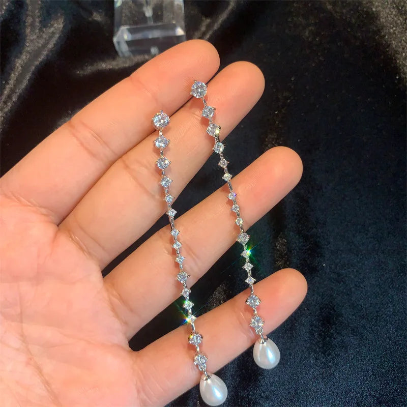 Long Pearl AAA Zircon Bridal Earrings CZ Zirconia Wedding Drop Earring For Brides Accessories Women Party Evening Dress Jewelry pearls