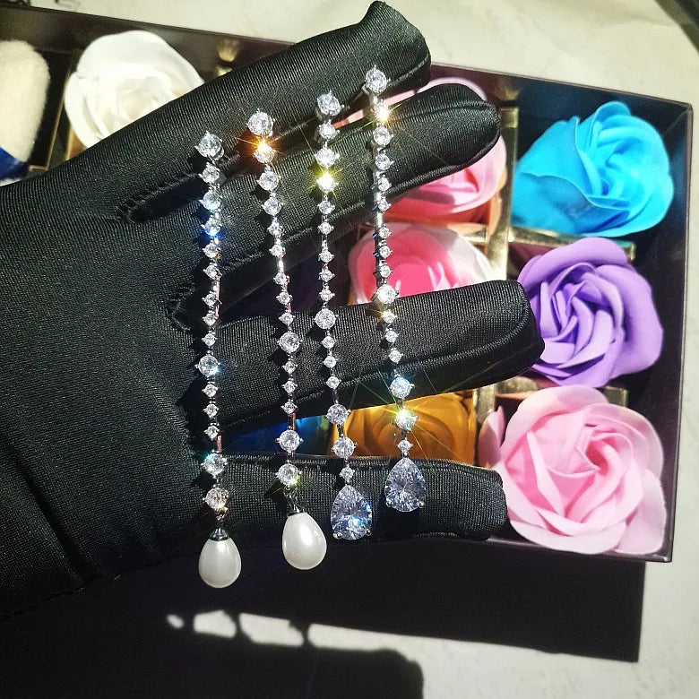 Long Pearl AAA Zircon Bridal Earrings CZ Zirconia Wedding Drop Earring For Brides Accessories Women Party Evening Dress Jewelry