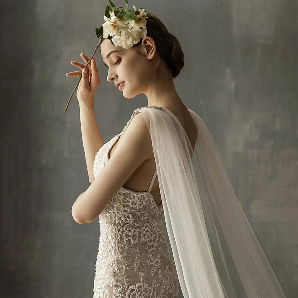 Soft Bridal Cape Veil with Diamond Appliques on Shoulder Wedding Cloak Elegant Bridal Accessory