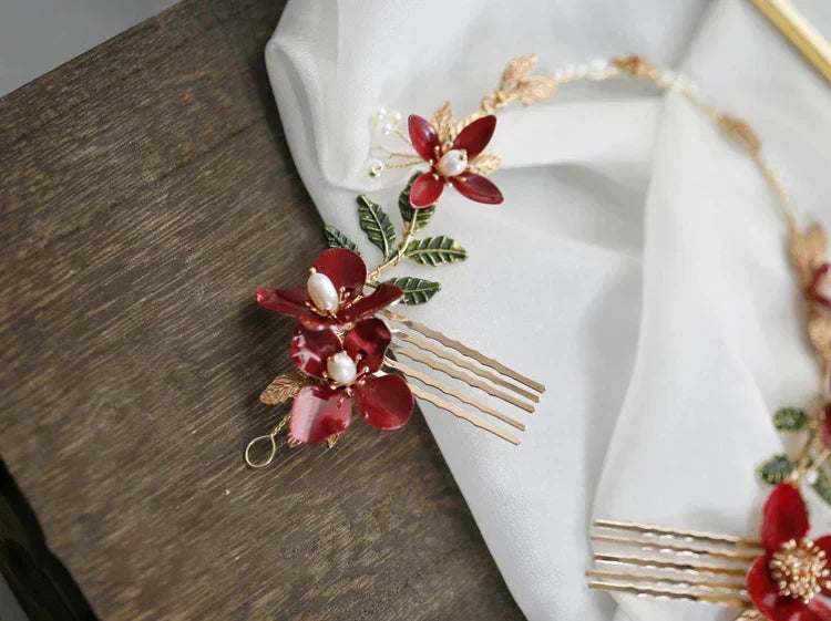 Red Flower Headpieces Headbands Leaf Headdress For Brides Party Dinner Dress Hairbands Wedding Accessories Bridal Hair Jewelry