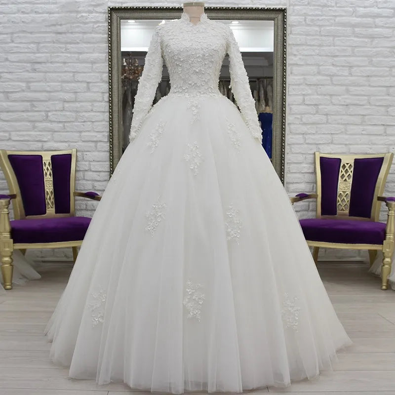 Muslim Wedding Dresses Dubai High Neck 3D Flowers Pearls Long Sleeves Bridal Dress - FashionDia