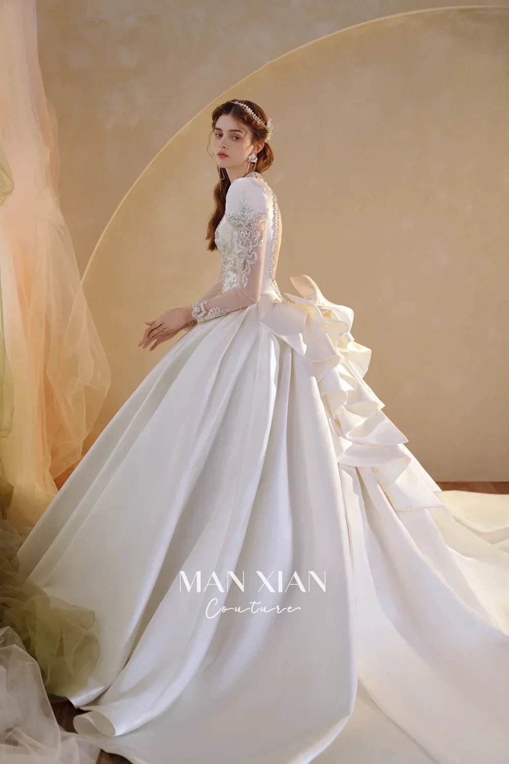Opulent Ivory V-Neck Satin Ball Gown with Crystal Embroidery, Sheer Sleeves & Keyhole Back Bow (ZD16941)