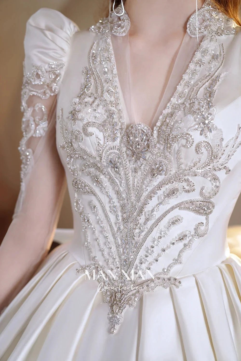 Opulent Ivory V-Neck Satin Ball Gown with Crystal Embroidery, Sheer Sleeves & Keyhole Back Bow (ZD16941) - View 4 | VelvetHem
