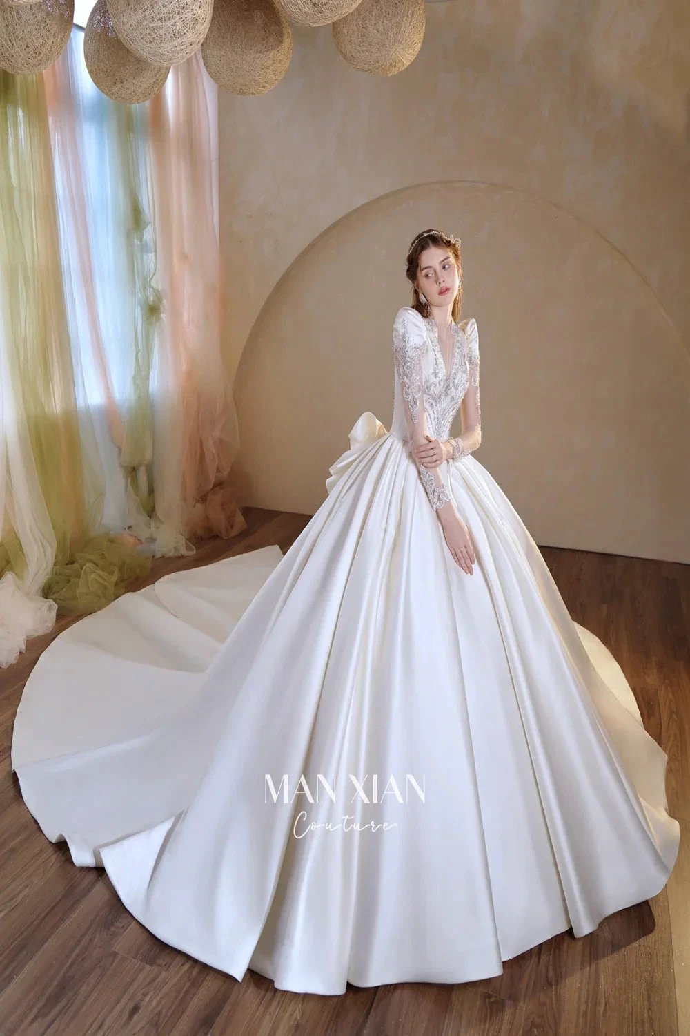 Opulent Ivory V-Neck Satin Ball Gown with Crystal Embroidery, Sheer Sleeves & Keyhole Back Bow (ZD16941) - View 5 | VelvetHem