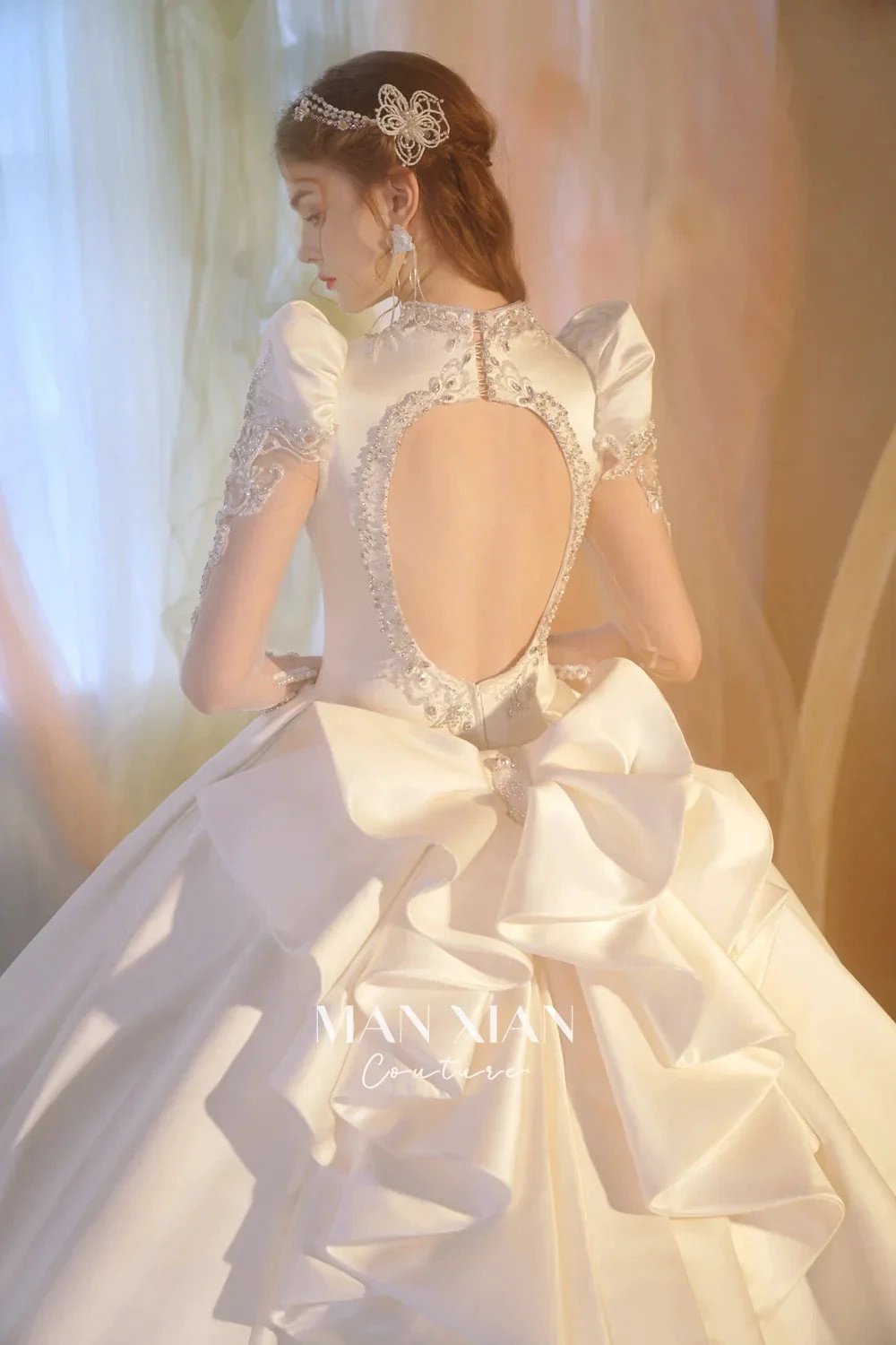 Opulent Ivory V-Neck Satin Ball Gown with Crystal Embroidery, Sheer Sleeves & Keyhole Back Bow (ZD16941) - View 6 | VelvetHem