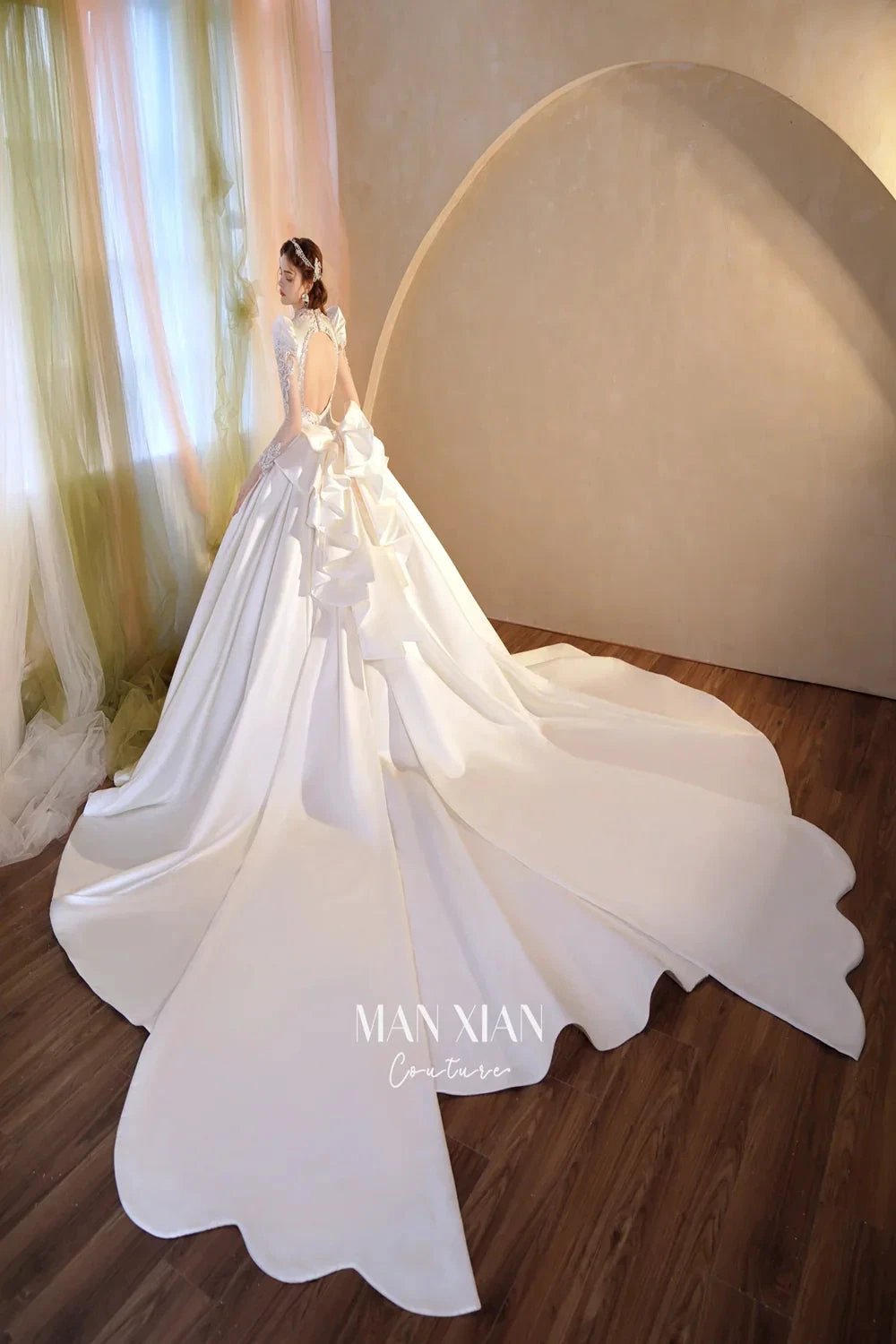 Opulent Ivory V-Neck Satin Ball Gown with Crystal Embroidery, Sheer Sleeves & Keyhole Back Bow (ZD16941)