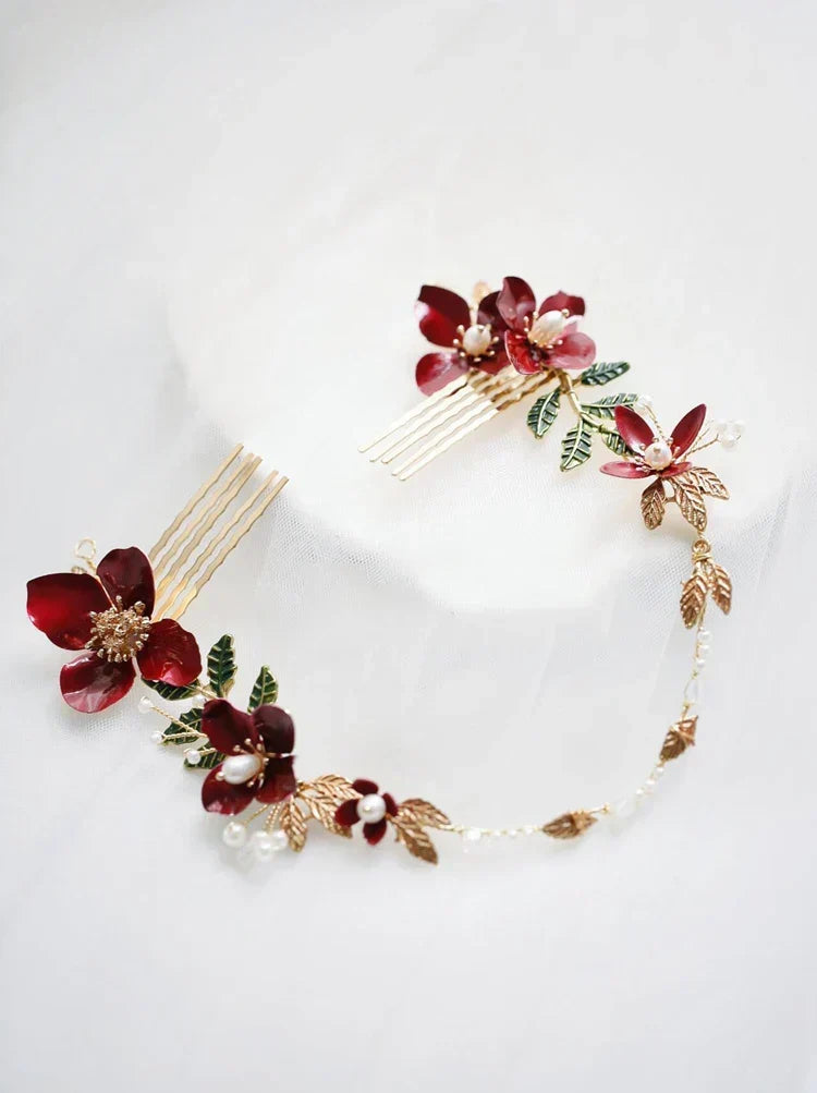 Red Flower Headpieces Headbands Leaf Headdress For Brides Party Dinner Dress Hairbands Wedding Accessories Bridal Hair Jewelry