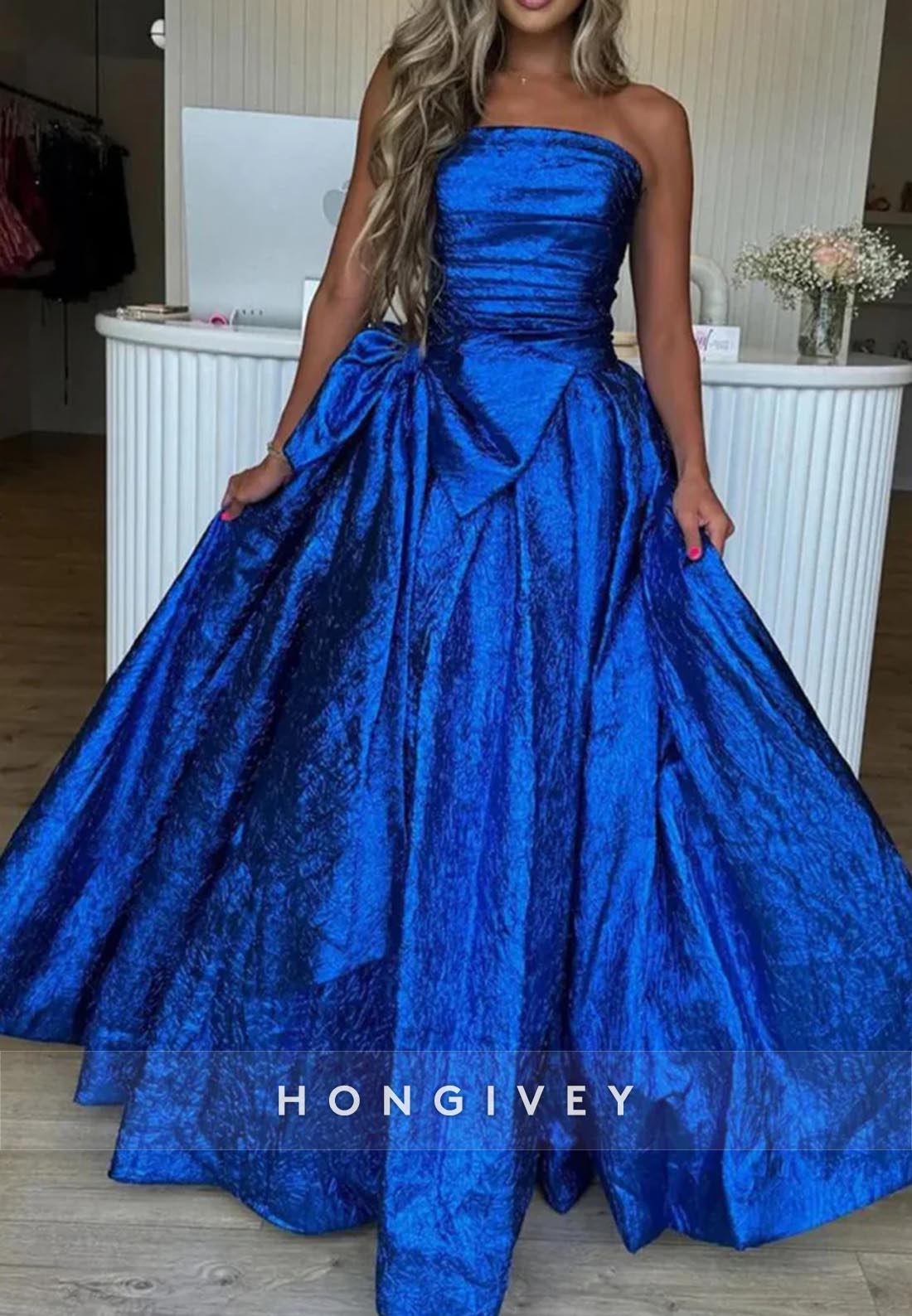 Floor-Length Strapless Bowknot Split Ruched Holiday Prom Dresses With Train