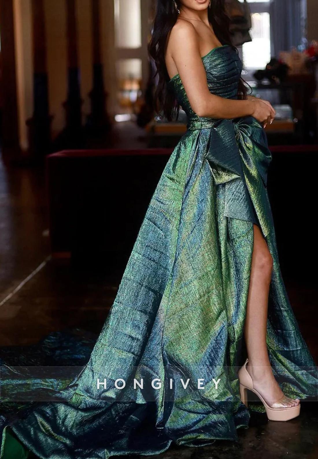Floor-Length Strapless Bowknot Split Ruched Holiday Prom Dresses With Train