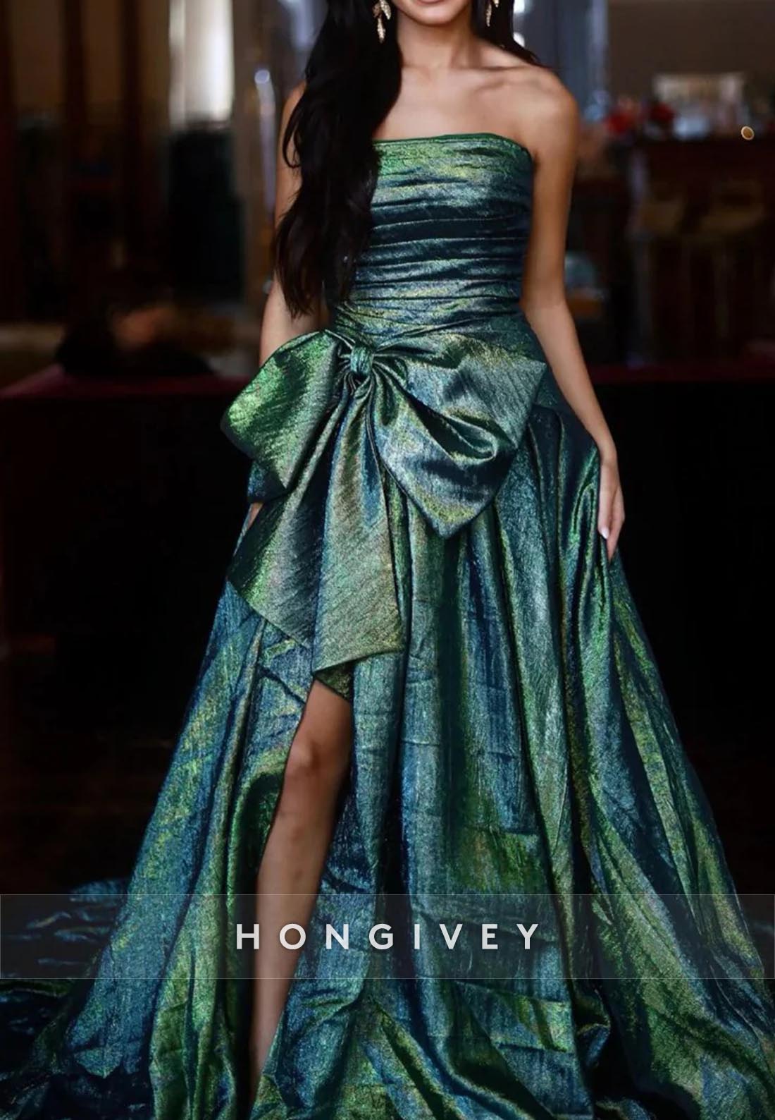 Floor-Length Strapless Bowknot Split Ruched Holiday Prom Dresses With Train