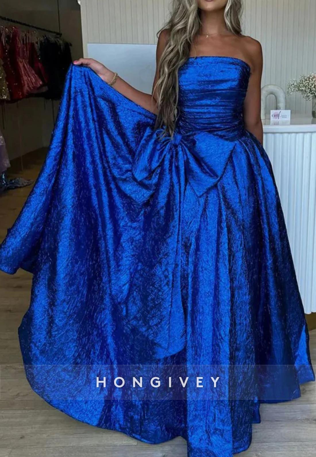Floor-Length Strapless Bowknot Split Ruched Holiday Prom Dresses With Train