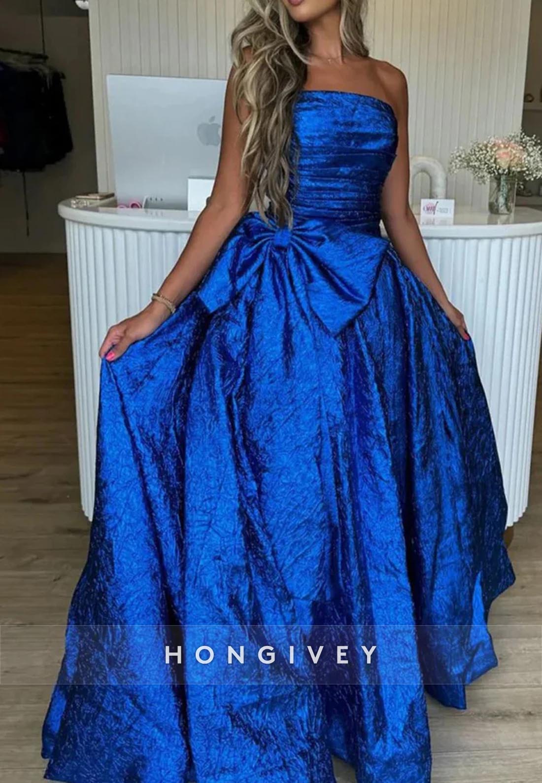 Floor-Length Strapless Bowknot Split Ruched Holiday Prom Dresses With Train