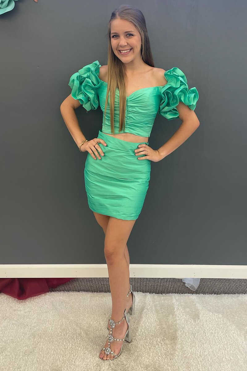Two-Piece Green Ruffled Sleeve Tight Mini Homecoming Dress - FashionDia