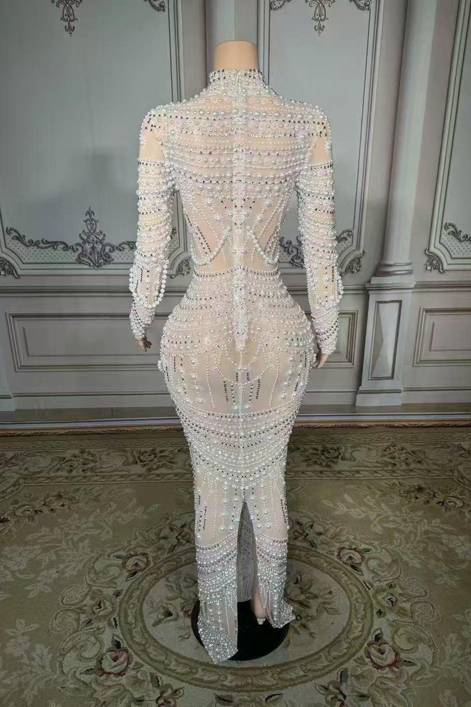 High Neck Long Sleeve Formal Dress Pearl Mermaid Prom Evening Dress