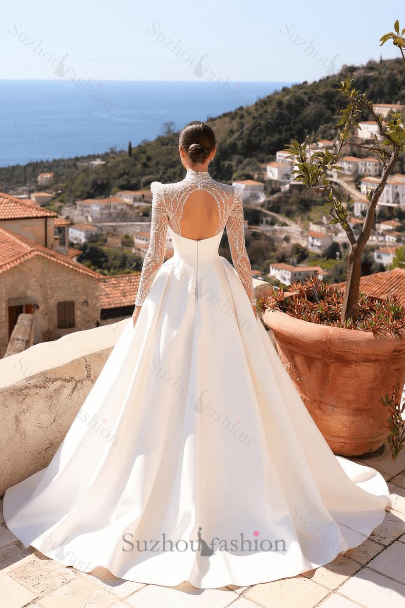 High Neck Wedding Dress Mermaid Beaded Satin Bridal Gown with Panel Train