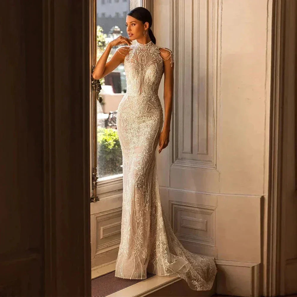 High Neck Wedding Dresses Women's Elegant Tulle Backless Bohemian Beads Sequins Applique Beach Bridal Gowns Vestidos Novia by payinti