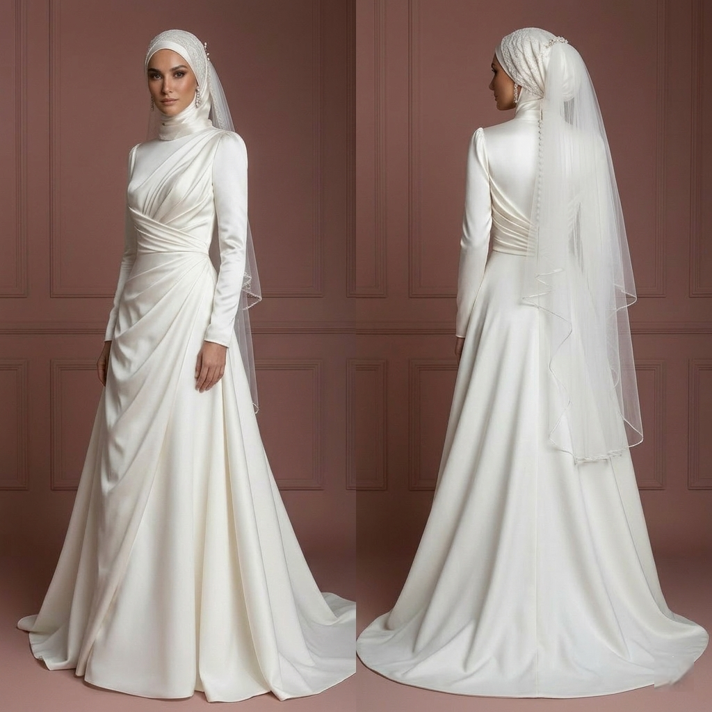 Hijab Bridal Wedding Dress With Satin Draped Bodice Muslim