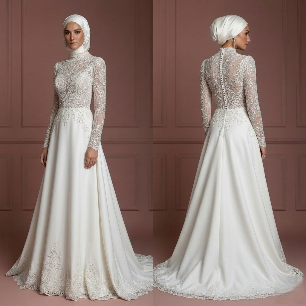 Hijab Wedding Dress With Beaded Lace Luxury Bridal Muslim