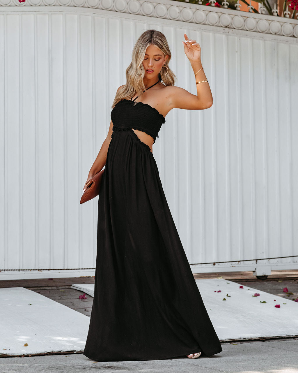 Hit The Beach Smocked Halter Maxi Dress Black