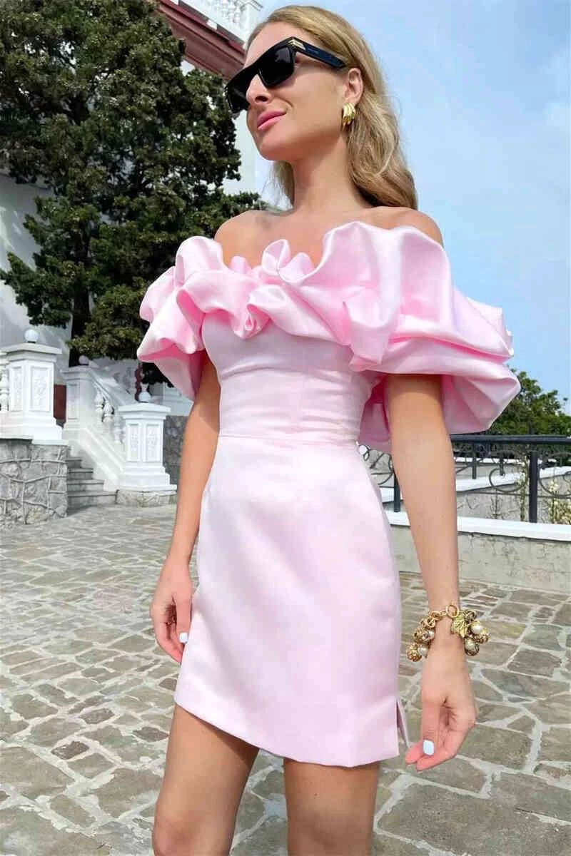 pink satin mini dress Off The Shoulder Short Dresses (ZD11616)
