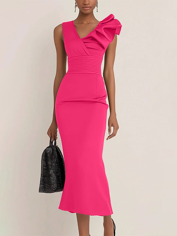 Work Semi-Formal Dress Green Sleeveless Ruffle Fitted Midi Dress - View 7 | FashionDia