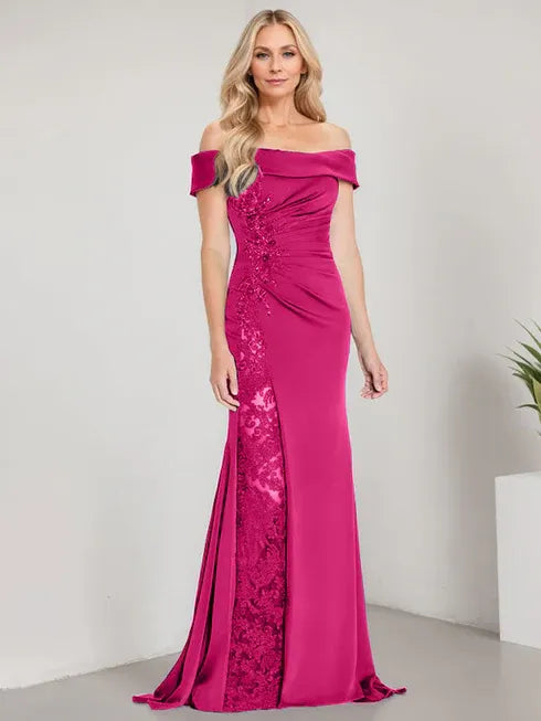 A-Line Off the Shoulder Floor-Length Mother of the Bride Dress Applique Beadings Mermaid Dress With High Split