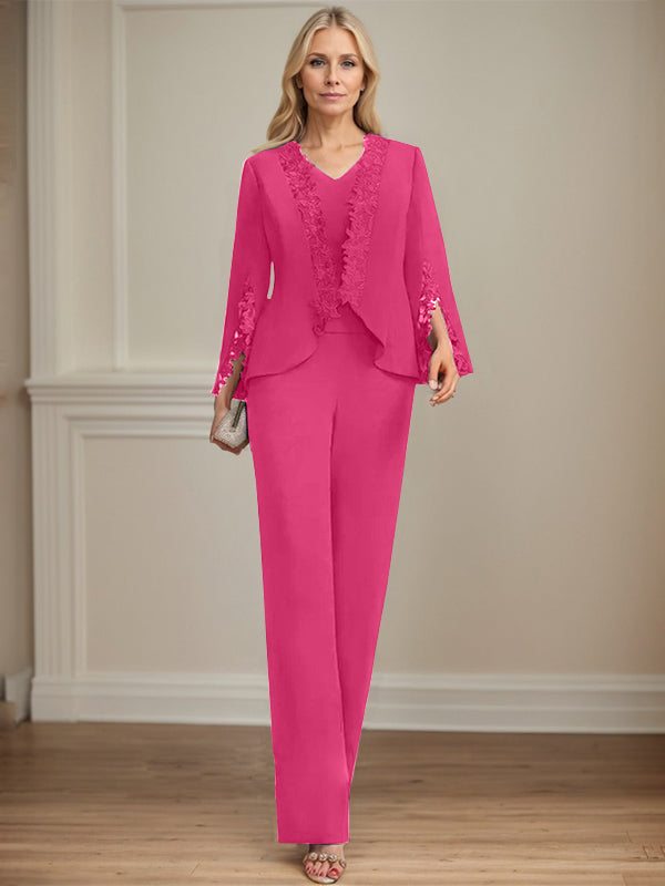 Separates Jumpsuit/Pantsuit V-Neck Floor-Length Chiffon Mother of the Bride Dress