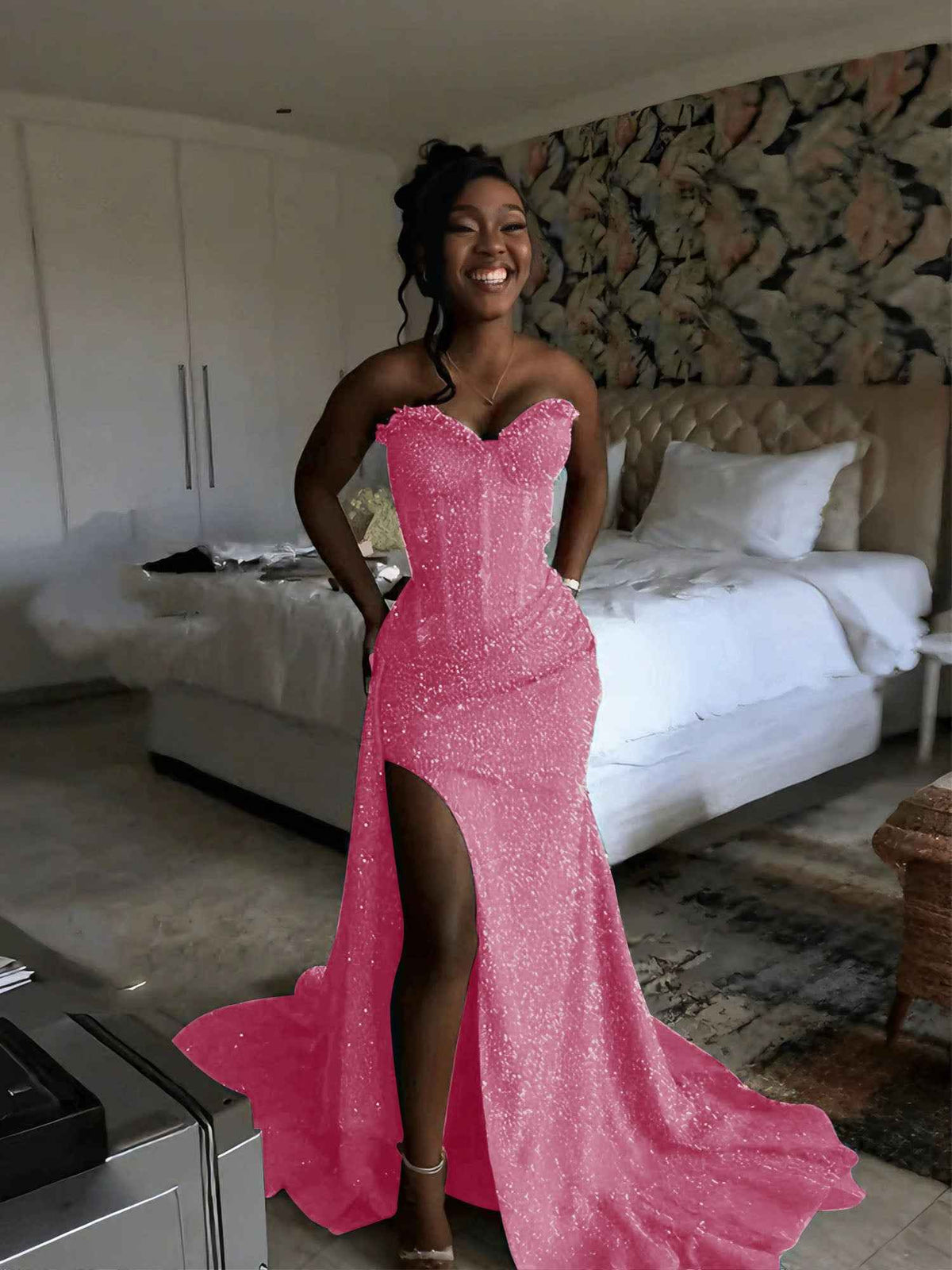 Glitter Strapless Mermaid Sequined Long Prom Dress with Slit (ZD17399)