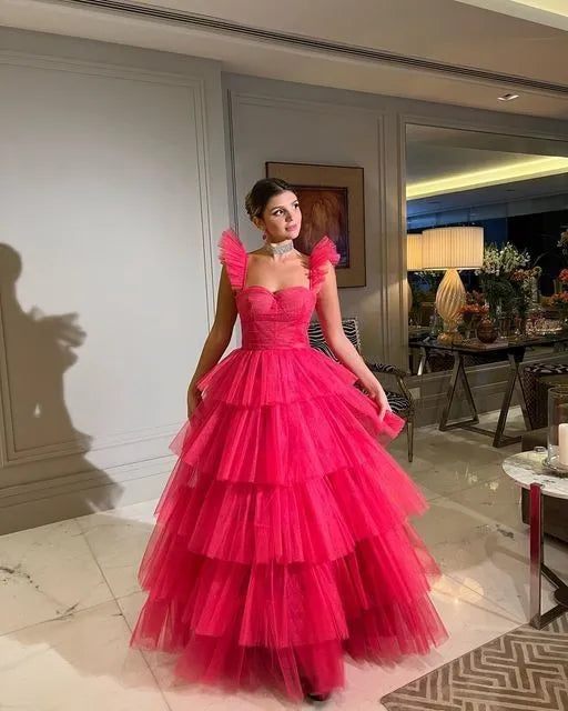 Modern Red Soft Tulle Prom Dress Cap Sleeves Tiered Pleat Ruched Floor Length Gown Homecoming Dresses Graduation Party