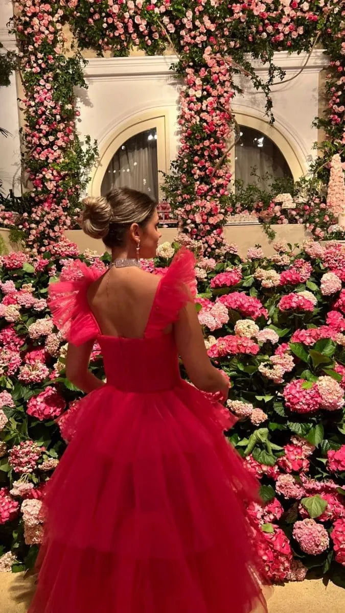 Modern Red Soft Tulle Prom Dress Cap Sleeves Tiered Pleat Ruched Floor Length Gown Homecoming Dresses Graduation Party