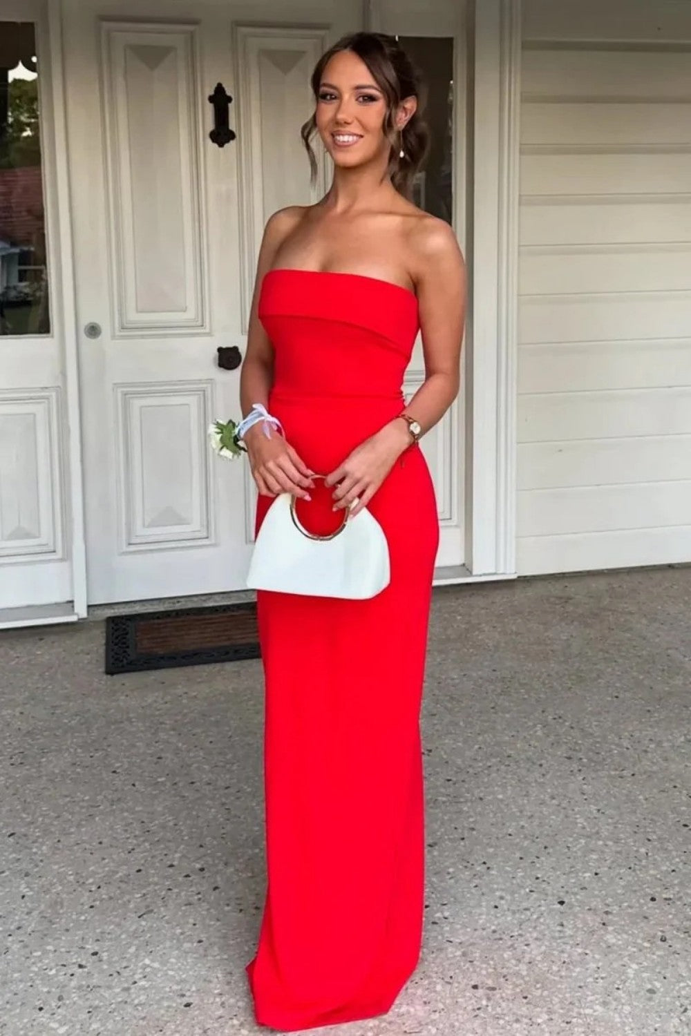 Simple Sheath Strapless Red Long Prom Dress with Ruched