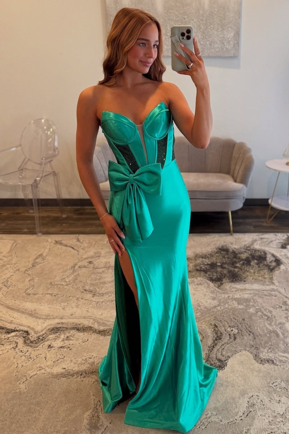 Stylish Mermaid Sweetheart Green Corset Prom Dress with Bowknot Beading - View 3 | FashionDia