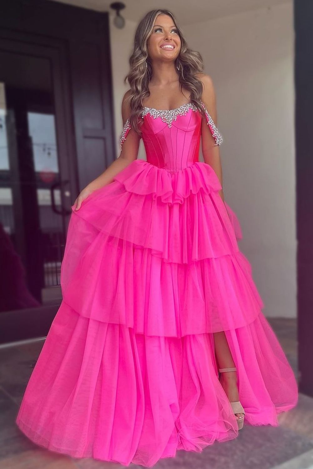 Hot Pink A-Line Off-the-Shoulder Long Tulle Prom Dress with Slit and Beading - FashionDia