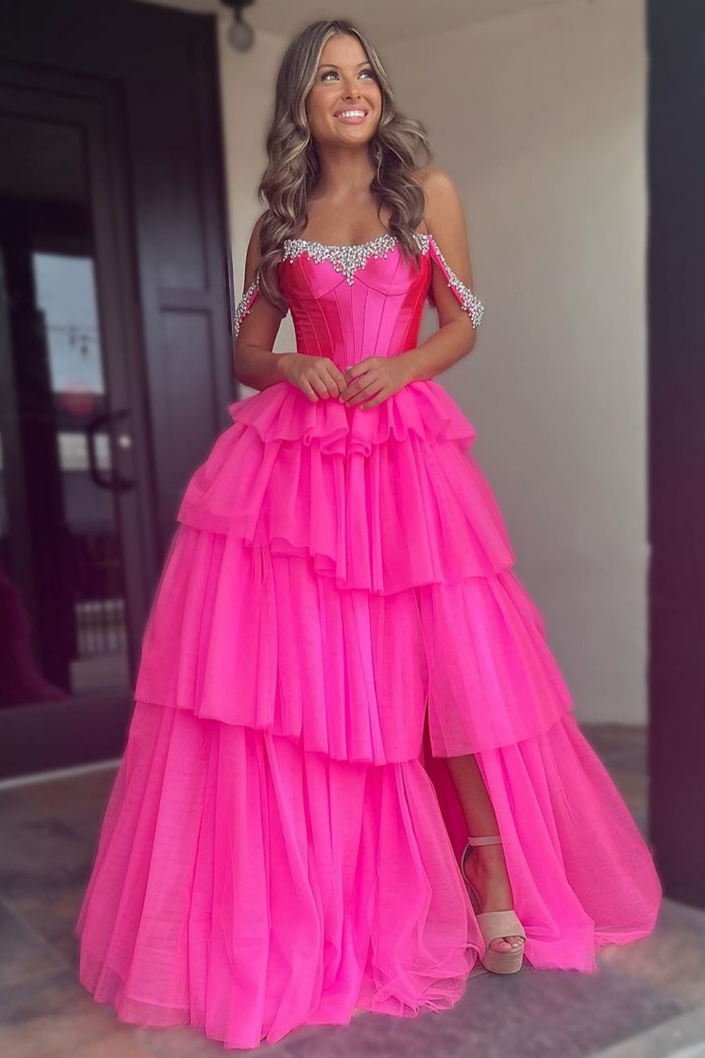 Hot Pink A-Line Off-the-Shoulder Long Tulle Prom Dress with Slit and Beading - View 2 | FashionDia