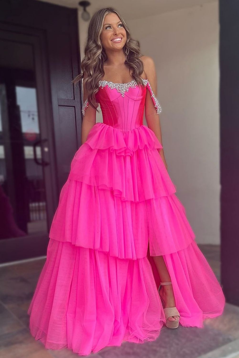 Hot Pink A-Line Off-the-Shoulder Long Tulle Prom Dress with Slit and Beading - View 3 | FashionDia