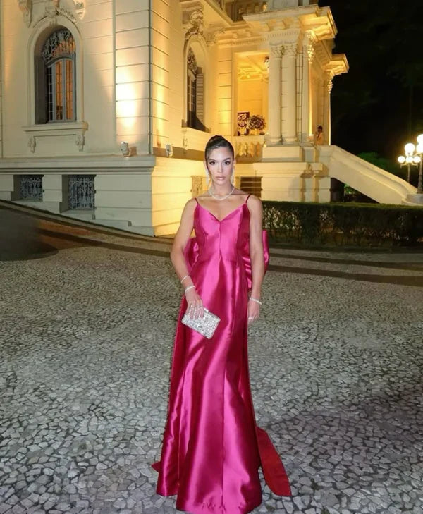 Hot Pink A-Line Satin Long Prom Dress Wedding Guest Dress With Bow