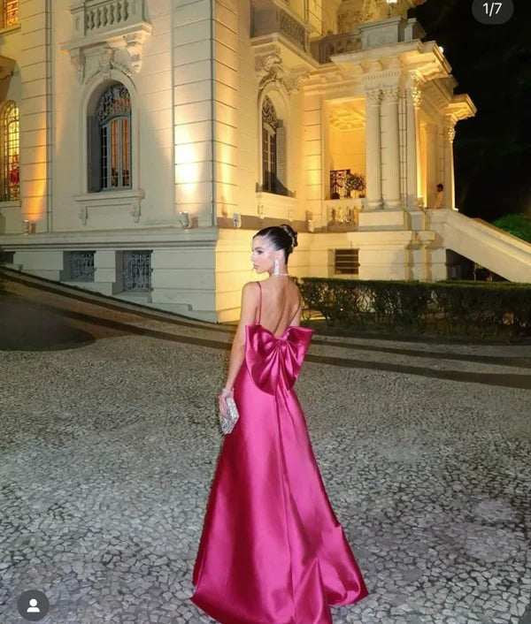 Hot Pink A-Line Satin Long Prom Dress Wedding Guest Dress With Bow