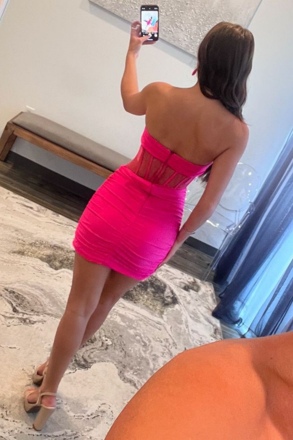 Hot Pink Bodycon Strapless Zipper Back Short Satin Homecoming Dress
