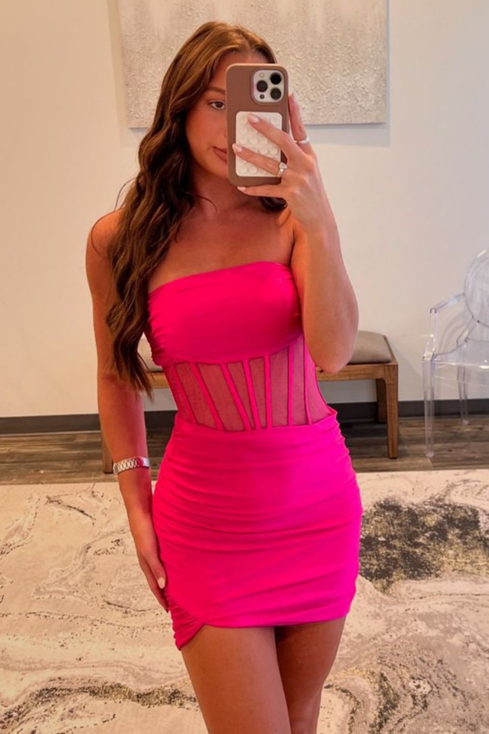 Hot Pink Bodycon Strapless Zipper Back Short Satin Homecoming Dress