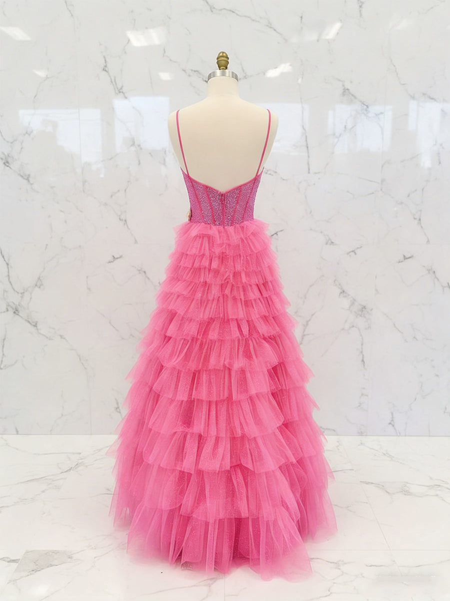 Hot Pink Crystal Corset Tiered Ruffle Long Prom Dress - View 2 | FashionDia