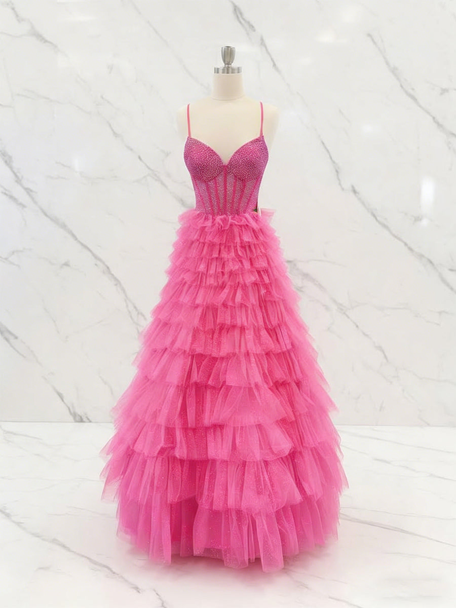 Hot Pink Crystal Corset Tiered Ruffle Long Prom Dress - FashionDia